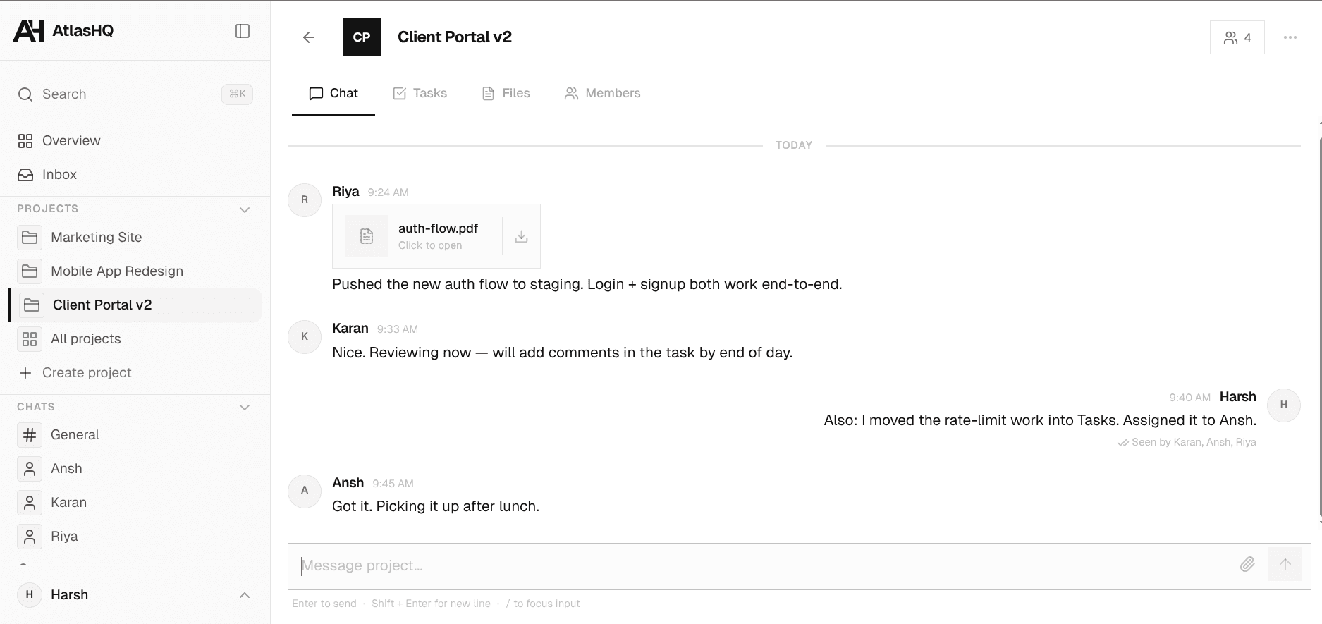 AtlasHQ project workspace showing chat with sidebar
